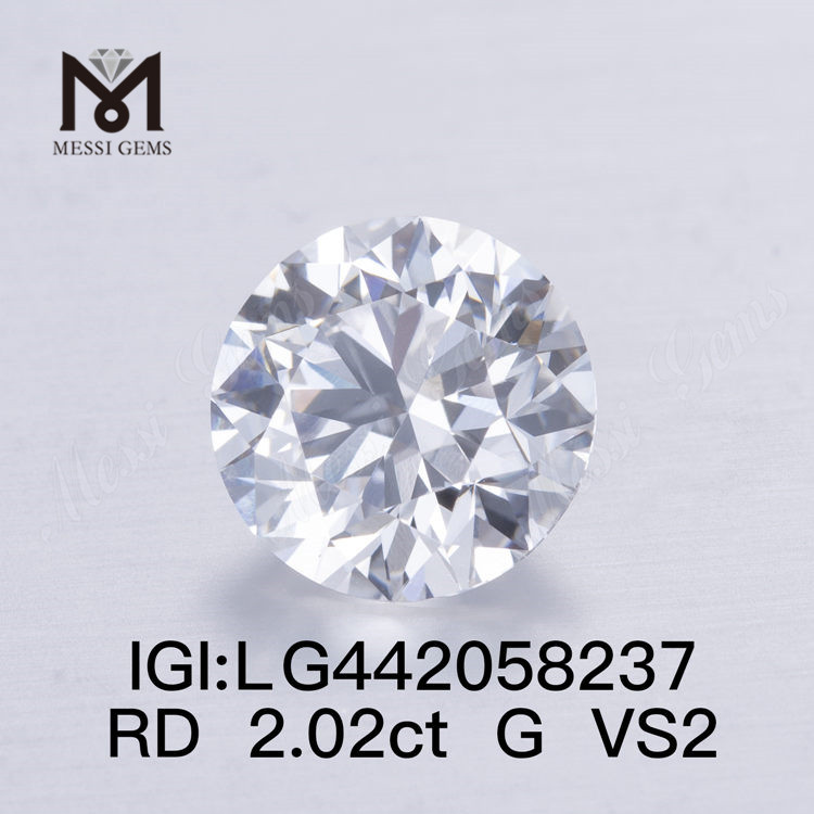 Diamante IGI de talla redonda de diamantes cultivados en laboratorio G VS2 de 2,02 quilates