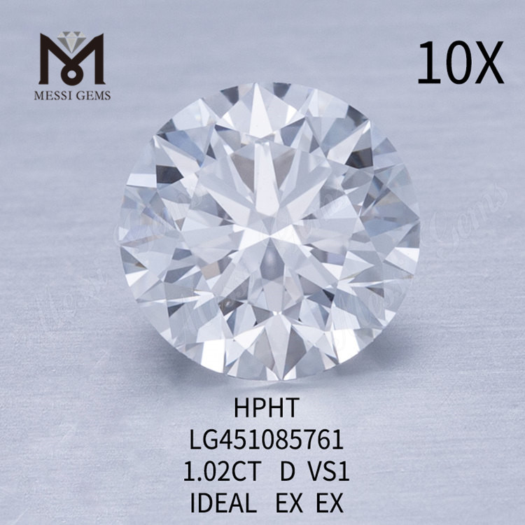 Diamante cultivado en laboratorio HPHT 1,02 ct D VS1 RD Grado de corte IDEAL