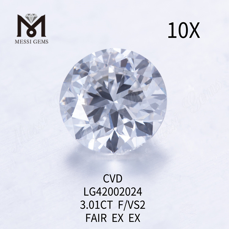 Diamante cultivado en laboratorio redondo F/VS2 de 3,01 quilates FAIR EX EX