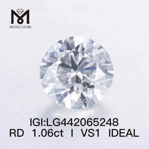 Diamante cultivado en laboratorio redondo IDEAL de 1,06 quilates I/VS1