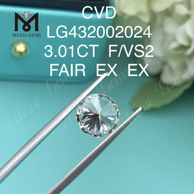 Diamante cultivado en laboratorio redondo F/VS2 de 3,01 quilates FAIR EX EX