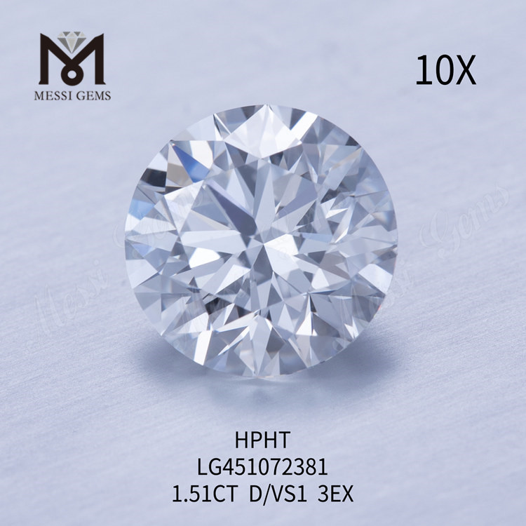 Diamante cultivado en laboratorio HPHT de grado de corte D VS1 RD EX de 1,51 quilates