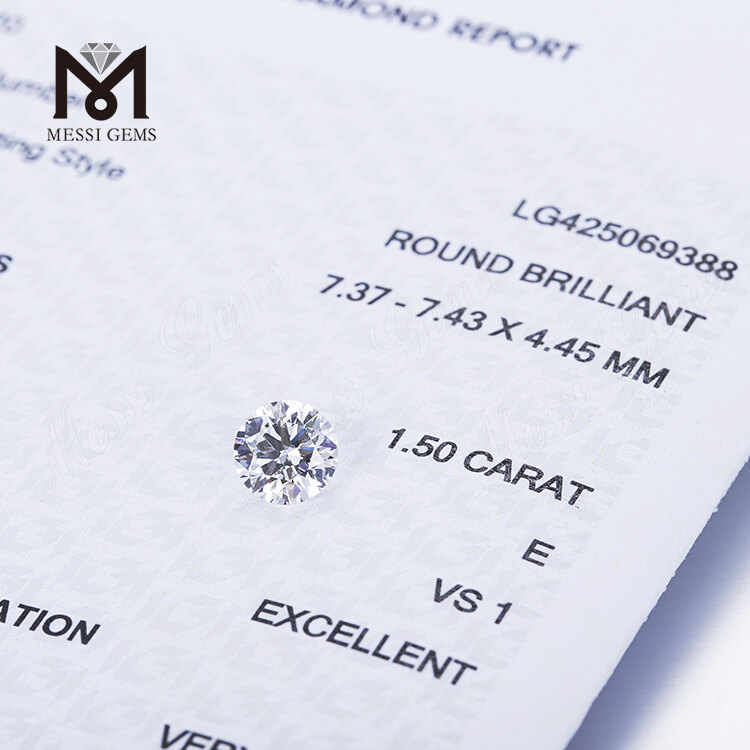 Diamantes de CVD sueltos E VS1 de talla brillante redonda excelente creados en laboratorio de 1,5 ct